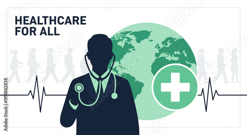 Global Healthcare Concept: Doctor, Earth, People, Medical Cross, Heartbeat