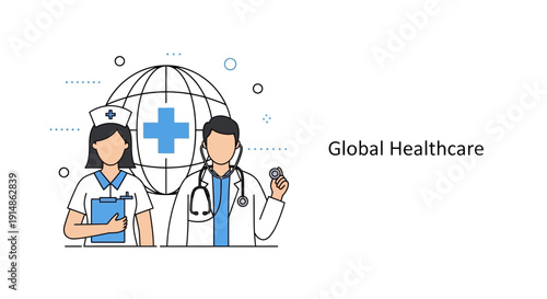 Global Healthcare Concept: Doctor and Nurse with World Globe and Medical Cross
