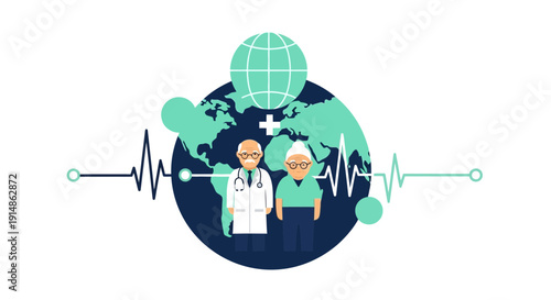 Global Healthcare Concept: Doctor, Senior Patient, Earth, EKG