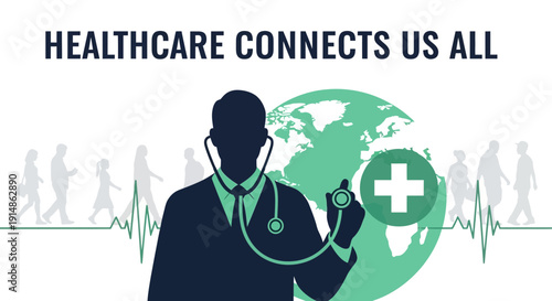 Global Healthcare Connects People, Doctor with Stethoscope and World Map Icon