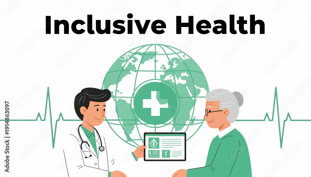 Naklejka premium Inclusive Health Care: Doctor Consults Senior Patient Global Health Concept