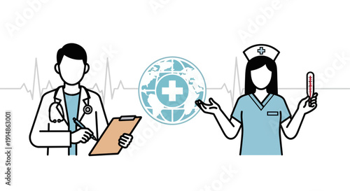 Global Healthcare Team: Doctor and Nurse with World Medical Symbol