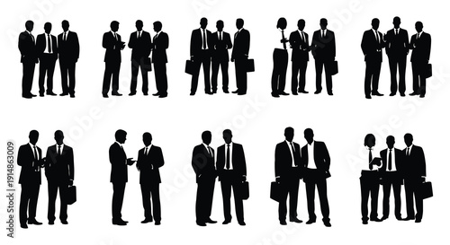 A collection of black silhouettes depicting diverse business people in suits some with briefcases on transparent background high quality professional detailed