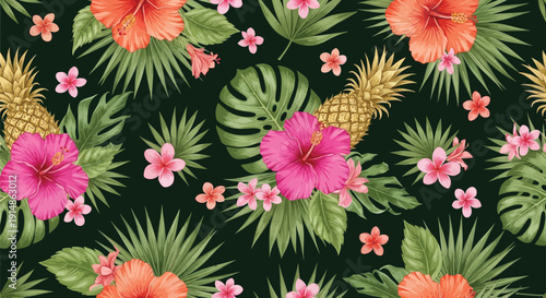 Tropical floral pattern with hibiscus flowers and pineapples on a dark background, viewed from directly above, in a repeating seamless design