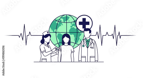 Global Healthcare Team: Doctor, Nurse, Patient, Earth, Heartbeat