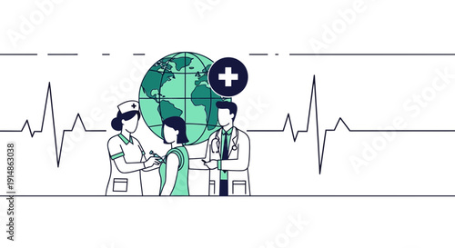 Global Vaccination Campaign: Doctor and Nurse Vaccinating Patient with Earth and Heartbeat
