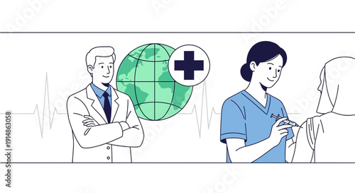 Global Vaccination Campaign: Doctor, Nurse Administering Vaccine, Earth Illustration