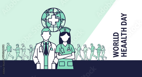 Healthcare Heroes: Doctor, Nurse, Globe, and Community Walking