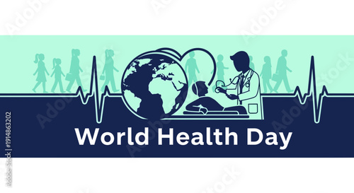 World Health Day Celebration: Doctor Examining Patient with Globe and People Silhouette Background