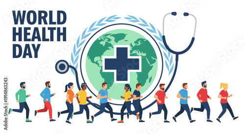 World Health Day Concept: Diverse People Running Around Globe with Stethoscope
