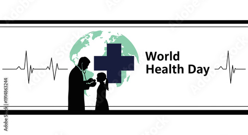 World Health Day: Doctor Examining Child with Medical Cross and ECG
