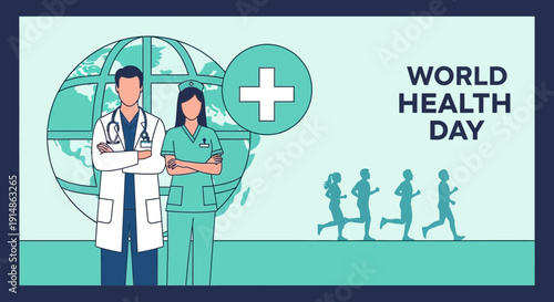 World Health Day: Doctors, Globe, Medical Cross, and People Running