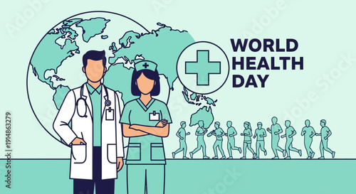World Health Day: Doctors, Nurses, Globe, Running People, Medical Cross