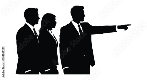 A group of three business professionals with a man pointing presented as a striking black silhouette on transparent background high quality
