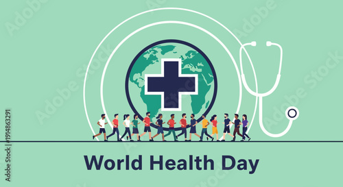 World Health Day: Global Health Awareness, People Running, Stethoscope, Earth