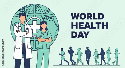 World Health Day: Doctors, Globe, Medical Cross, Running People, Health Awareness