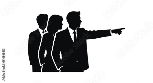 Three businessmen in suits one pointing forward a striking visual graphic on transparent background silhouette high quality professional detailed modern elegant