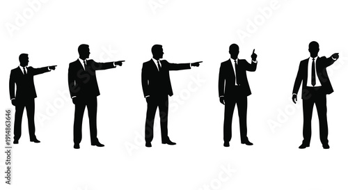 A series of five business professionals in various pointing poses depicted as a black silhouette on transparent background high quality professional
