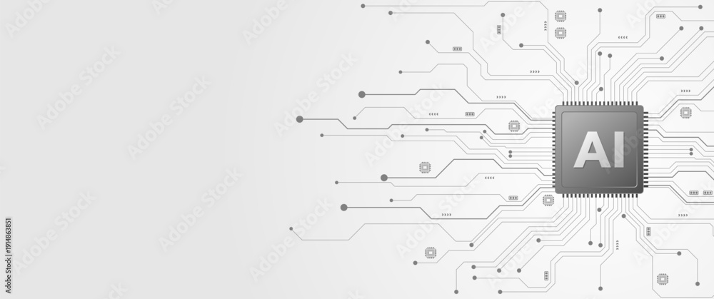 Obraz premium White artificial intelligence technology background with grey AI chip and circuit lines