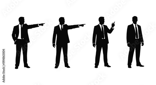 A collection of five black silhouettes depicting businessmen in suits with various gestures on transparent background high quality professional detailed modern