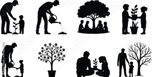 Family gardening and tree planting silhouettes set, parents and children watering plants and growing trees, black vector illustration isolated on white background