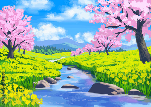 桜並木と菜の花畑の風景　 ai