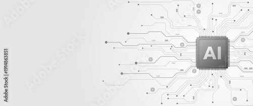 White artificial intelligence technology background with grey AI chip and circuit lines