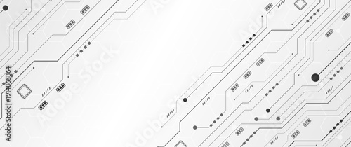Diagonal grey circuit lines over white technology background with subtle hexagon pattern