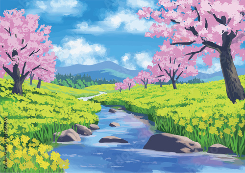 桜並木と菜の花畑の風景   eps