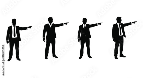 Four suited men in dynamic poses pointing forward a versatile graphic element on transparent background silhouette high quality professional detailed modern