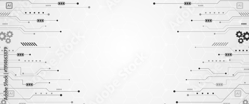 White technology background with grey circuit lines and hexagonal grid pattern