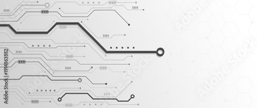 Konstfotografi White technology background with grey circuit lines and hexagonal grid pattern