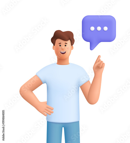 Young smiling man James pointing upward with one finger at a speech bubble. Communication, customer support, messaging and chat concept. 3d vector people character. Cartoon minimal style.