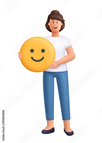 Young smiling woman Jane holding big yellow smiley face emoji. Happiness, mental health, social media and emotional support concept. 3d vector people character. Cartoon minimal style.