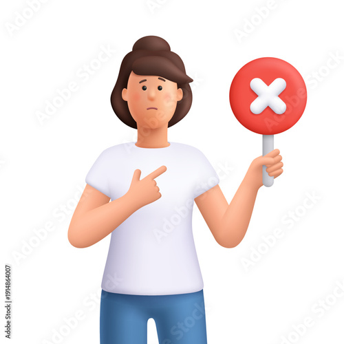 Sad woman Jane showing holding red round sign with white cancel cross symbol. Rejection, disapproval, negative feedback, wrong choice concept. 3d vector people character. Cartoon minimal style.