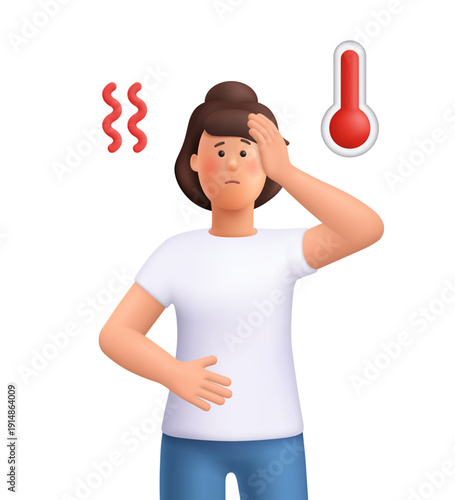 Sick woman Jane touching her head and holding her stomach near thermometer symbol. High temperature, fever, flu, symptoms and sick day concept. 3d vector people character. Cartoon minimal style.