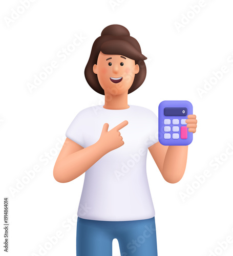 Young smiling woman Jane holding and pointing at a calculator. Business planning, finance management, accounting, tax and budget concept. 3d vector people character. Cartoon minimal style.