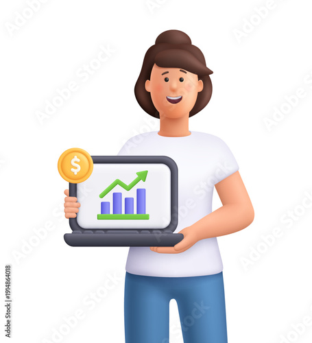Young smiling woman Jane holding laptop with rising bar chart with upward arrow and coin. Finance, investment, trading and stock market concept. 3d vector people character. Cartoon minimal style.