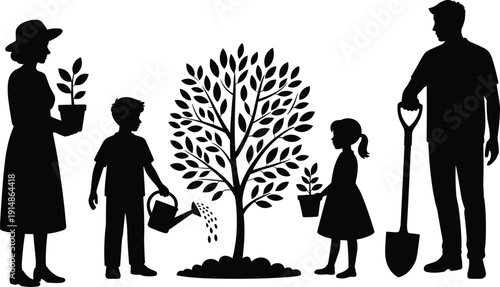 Family gardening silhouette set, parents and children planting and watering tree together, black vector illustration isolated on white background, sustainability concept