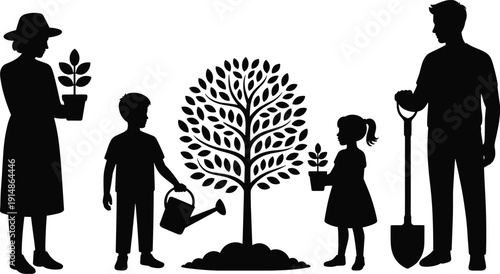 Family gardening silhouettes with parents and children planting and watering tree together, black vector illustration isolated on white background, environmental conservation concept