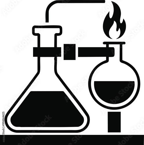 Clean Black-and-White Pictogram Representing Chemistry and Experimentation, Minimalist Science Illustration: Erlenmeyer Flask and Round Bottom Flask.