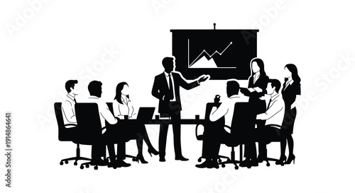 A business meeting in progress with a presenter and audience depicted as a dark silhouette on transparent background high quality professional