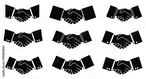 Nine black handshakes depicted in a repeating pattern ideal for graphic design on transparent background silhouette high quality professional detailed modern