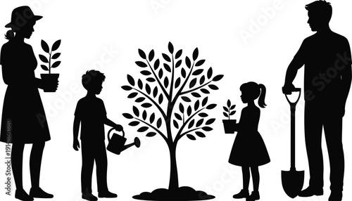 Family gardening silhouettes with parents and children planting tree together, black vector illustration isolated on white background, environmental conservation concept