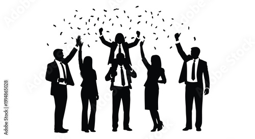 A celebratory group of business professionals throwing confetti upwards in a joyous moment on transparent background silhouette high quality professional detailed