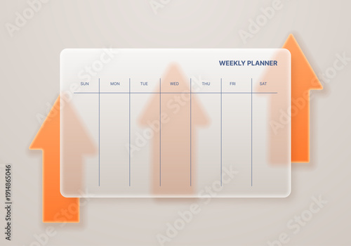 Weekly planner in glassmorphism style against a background of arrows symbolizing development and growth of personal or business. Vector 3D illustration.