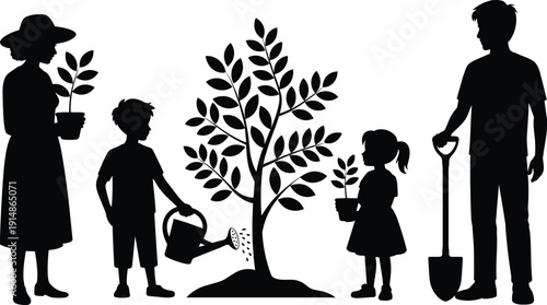Family planting and watering tree silhouette collection, parents and children gardening together, black vector illustration isolated on white background, environmental sustainability concept