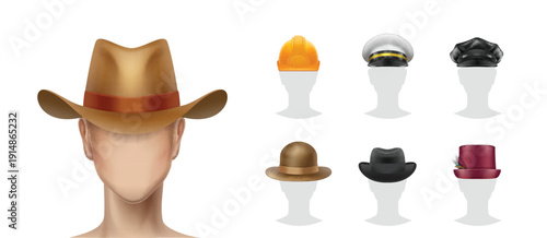 Large set of vector different male hats and caps on mannequin heads. Professional, casual and classic headwear collection isolated on white background