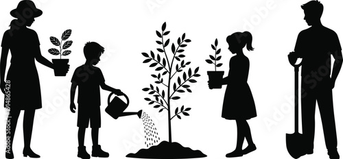 Family planting tree together silhouette set, parents and children gardening, black vector illustration isolated on white background, environmental conservation and sustainability concept
