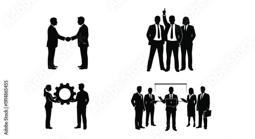 A collection of black silhouettes depicting business interactions including handshakes and presentations on transparent background silhouette high quality professional detailed modern